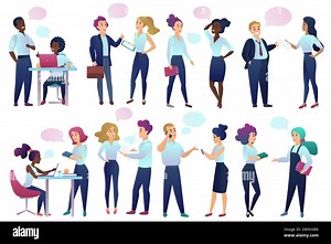 Office workers people with Chat Communication bubbles talking to each other. Male and female business people communicating and discussing with friends Stock Vector Image & Art - Alamy