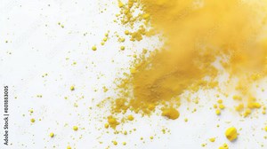 Scattered yellow dust particles of varying sizes and densities on a pure white background, creating a gritty, textured abstract visual.