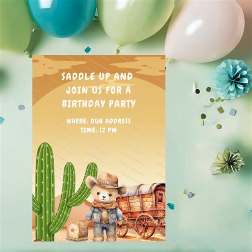 Cowboy Birthday Invitation, Editable Canva Template (5x7 Inches) - Etsy