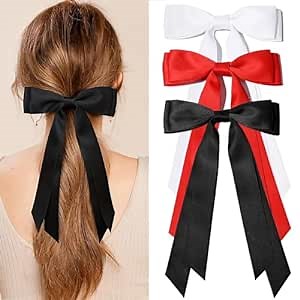3Pcs Silky Satin Hair Bow Clips for Women Girls | Black White Red Bows for Hair with Long Tail | Hair Ribbon Ponytail Holder Accessories | Cute Bow Hair Clips for Women Girls Toddlers Teens Kids