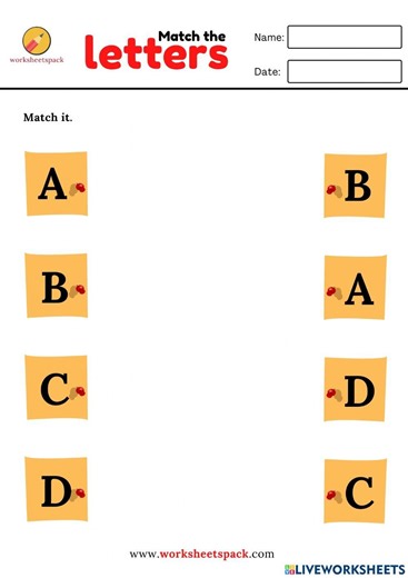 Alphabet matching worksheets - uppercase letters (A to D) worksheet