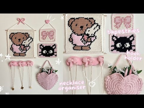 easy crochet wall decor: bow necklace organiser, heart hanging & cute tapestries | beginner-friendly