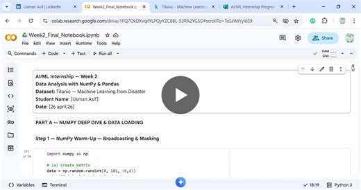 #datascience #python #machinelearning #pandas #numpy #internship #digitechofferings #ai #eda #titanicdataset #weeklyprogress | Usman Asif
