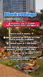 🎉 Just 2 days away! You don’t want to miss this month’s Blanket Bingo at Historic Market Square Houston — featuring fun with our friends from Trader Joe’s! 🛒🔴 🗓 Thursday, July 17 | 6–9 PM�🎧 DJ Cornbread Emcee Mills McCoin�🎟 $10 gets you 9 games (card only!)�✨ Extra packets $1 daubers available�💥 Pro tip: Packets go FAST — come early! All proceeds support park programming. Visit https://dthplus.org/3YIrfn5 to register! 🙌 | Downtown Houston