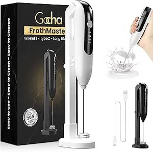 GOCHA | FrothMaster X2 Rechargeable Milk Frother – 2-Speed Handheld Foam Maker for Coffee, Lattes, Matcha – USB-C Charging, Stainless Steel Whisk, Stand Included (White)