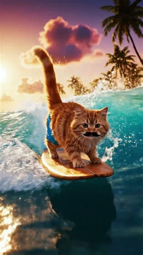 BRAVE SURFER CAT! 🌊 Riding Tropical Ocean Waves