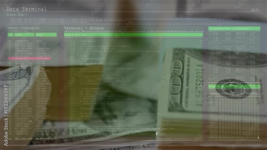 Stacked $100 bills staying still while Data Terminal overlay fading in, scanning serial numbers