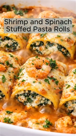 Shrimp & Spinach Stuffed Pasta Rolls Ingredients (Makes ~12 Rolls) 12 lasagna sheets (dried) 1 lb (450g) raw shrimp, peeled & deveined 3 cups fresh spinach, roughly chopped 1 cup ricotta cheese ½ cup mozzarella, shredded ⅓ cup Parmesan, grated 2 cloves garlic, minced 2 tbsp olive oil ½ tsp red pepper flakes (optional) Salt & black pepper to taste 1 cup marinara sauce ½ cup heavy cream Fresh basil for garnish Steps 1. Cook Pasta Boil lasagna sheets in salted water until al dente. Drain and lay fl