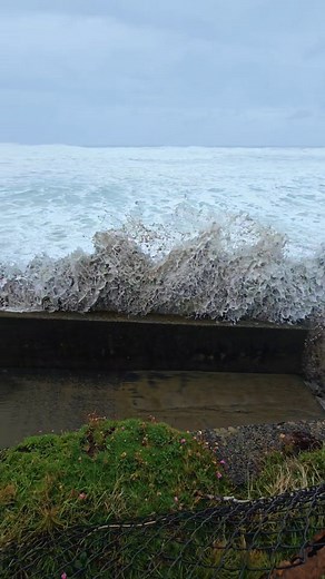 Second day of the king tides and wow! 😱 The ocean is putting on a show. 🌊 It’s high tide, waves are splashing up over the ramp, spraying people along the promenade, and tossing driftwood like toys. The sand is shifting fast, which means the beach is changing… and that could mean prime rockhounding conditions on the way. 👀💎 #KingTides #OregonCoast #BeachSafety #RockhoundingOregon #exploreresponsibly | Rock Your World: Rock Shop, Jewelry Studio, Online Boutique & Guided Tours