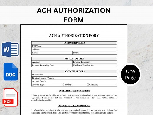 Editable ACH Authorization Form Template for Small Business (word, PDF, Google Docs) - Etsy