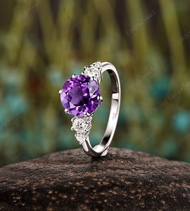 Natural Amethyst and Diamond Engagement Ring 14K White Gold Round Amethyst Promise Ring February Birthstone Platinum Wedding Ring for Women - Etsy
