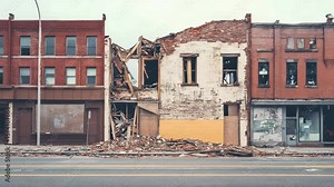 Earthquake destruction simulation showing progressive collapse of a building in an urban area, highlighting the devastating impact of seismic waves on infrastructure