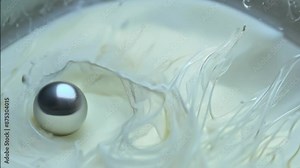 Abstract surreal footage with a unique physics effects and a silver ball creating ripples in white liquid. White liquid swirl and splash