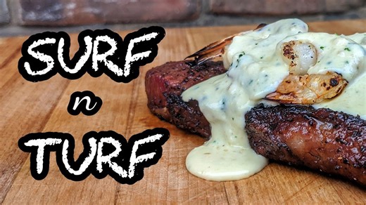 Making surf and turf with creamy garlic sauce