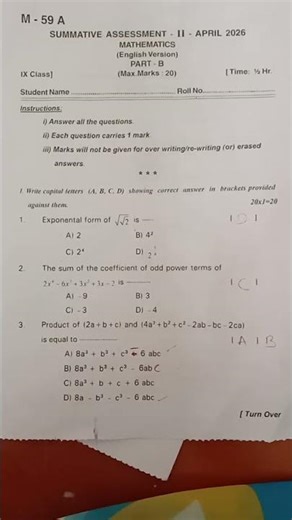 2026 SA2 9TH CLASS MATHS QUESTION PAPER WITH PART B #trending #shortsviral