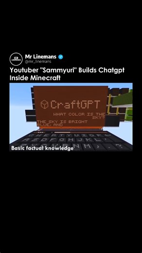 Mr Lineman on Instagram: "🚀 A Minecraft player just built a fully functional ChatGPT-style AI — completely powered by Redstone! 🤯 This mind-blowing project, called CraftGPT, features over 5 million parameters, 6 neural layers, and a vocabulary of 1,920 tokens — all inside Minecraft! 💡 Built without command blocks or data packs, it uses 439 million blocks across a massive 1,020 × 260 × 1,656 build. To process text, it runs on a 40,000× faster server, enabling 64-token context generation inside