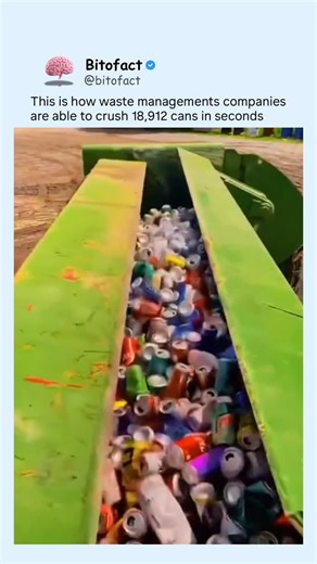 Bitofact | Daily Educational Facts on Instagram: "Modern waste facilities use industrial balers and compactors to compress thousands of aluminum cans in seconds. Conveyor belts feed loose cans into a compression chamber, where a powerful hydraulic ram pushes with tons of force, flattening and packing them tightly together. Once enough pressure is applied, the compacted metal is bound and ejected as a dense cube or rectangular bale. Compressing the cans removes trapped air, drastically reducing v