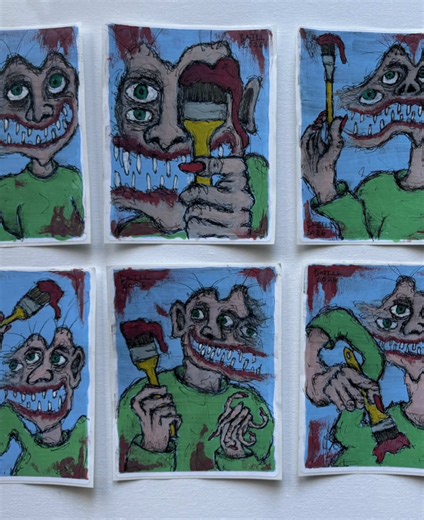 “THE HAPPY LITTLE PAINTER PEOPLE: SERIES 1” RED PAINT WITH BLUE BACKGROUND. TEN HAND PAINTED STICKERS (4.5in x 5.5in) ALL NUMBERED AND SIGNED ON BACK. FOR SALE LINK IN BIO G-ILL #art #fyp #drawing #painting #stickers