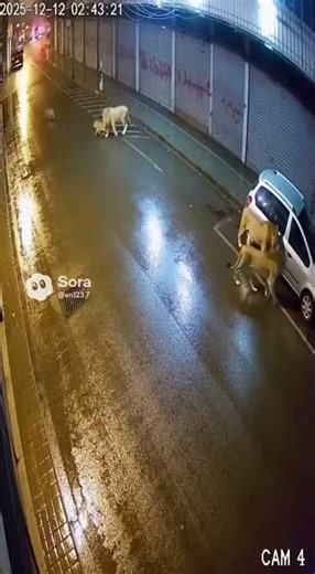 A giant lions pack caught on the street at night (Caught on CCTV)