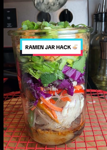 How to make ramen noodle bowls in a jar 🍜 This might be the quickest healthy meal prep idea and honestly one of the prettiest ramen recipes ever. Weck jars -copy/paste into browser https://amzn.to/408I9vt weck jar single https://amzn.to/3MWgoTR 2 weck jars https://www.tiktok.com/t/ZP9djUB9sxT5M-Sc7Sm/ https://www.tiktok.com/t/ZP9djUhyA7cqr-cgLf8/ Layer bouillon, chili crunch oil, garlic, ginger, soy sauce, sesame oil, noodles, fresh veggies, and shrimp in a jar. Just add hot ramen broth and it 