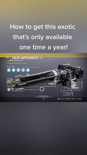 Be sure to get the Heir Apparent before guardian games is over or you'll have to wait until next year! #exotic #guardian #guardiangames #Destiny #destiny2 #destiny #destinytiktok #destiny2clips #Season20 #Lightfall #destiny2tiktok #destinythegame #gaming