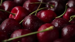 Download Cherry fruit, cherry background, ripe cherry fruit, red cherry, closeup of cherries with drops water for free