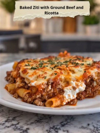 Baked Ziti with Ground Beef and Ricotta ✨ Full recipe step-by-step available on my page — it’s under my profile photo !⬆️