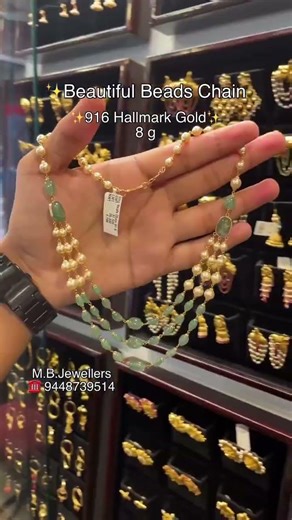 very beautiful and lightweight gold pearl and pista green beads necklace designs and jewellery at 8g
