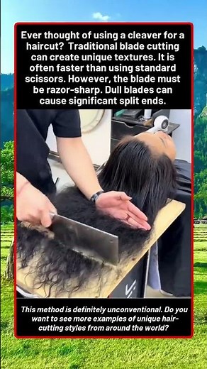 Cutting Long Hair Using A Large Kitchen Cleaver And Board