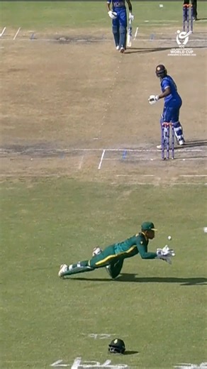Lethabo Phahlamohlaka with a spectacular grab to secure the important wicket of Viran Chamuditha 👏 #U19WorldCup broadcast details 👉 https://www.icc-cricket.com/tournaments/u19-cricket-worldcup-2026/news/broadcast-details-for-icc-u19-men-s-cricket-world-cup | ICC - International Cricket Council