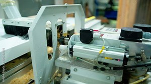 Industry for making doors. Modern automated machine doing holes in wooden doors. Furniture production in workshop. Close-up.