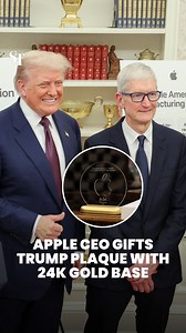Apple CEO Tim Cook presented Mr Donald Trump with a Corning glass plaque engraved with the US President’s name, mounted in 24K gold. For the first time, the cover glass for all iPhones and Apple Watches will be manufactured in the US, at Corning’s facility in Kentucky. https://str.sg/caHz | The Straits Times