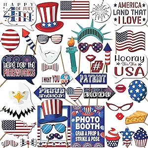 4th of July Photo Booth Props - 41-pc Photobooth Kit with 8 x 10-Inch Sign, 60 Adhesive Pads, 45 Sticks - 4th of July Party Decorations - Patriotic Party Supplies - American Party Decorations