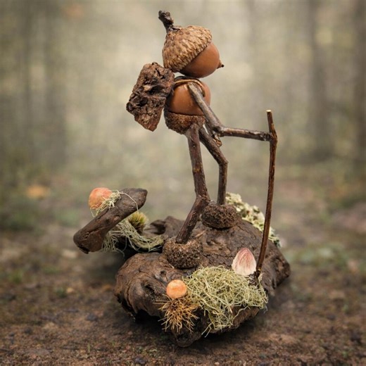 Oakie Hiker Folk Art Sculpture – Handmade Woodland Acorn Traveler With Walking Stick on Driftwood – Rustic Nature Fairy Collectible - Etsy