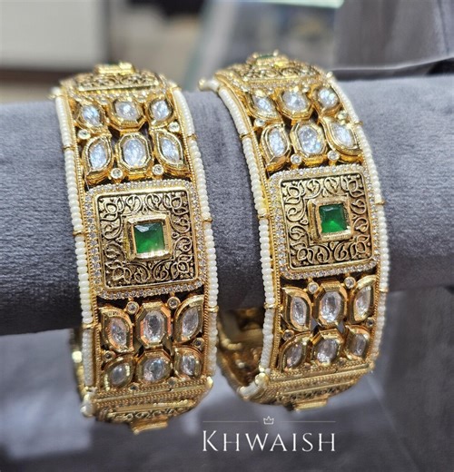 Emerald Green Antique Gold Kundan Uncut Polki Pearls Openable Silver Bangles,indian,sabyasachi Jewelry - Etsy