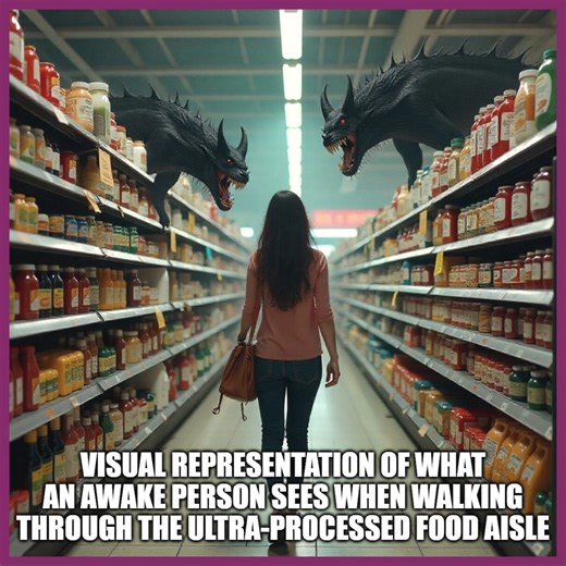 Visual representation of what an awake person sees when walking through the ultra-processed food aisle. Socials & Support: Telegram, Instagram, Facebook, X, Buy me a Coffee 👉 @tmisglitching | The Matrix is Glitching