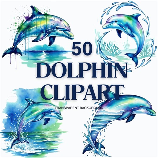 Watercolor Dolphin PNG Clipart Bundle, 50 Nautical Dolphin Scenery Illustrations, Transparent Background - Etsy