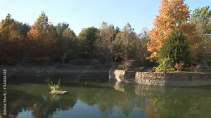 Left pan over autumn trees along an embanked stream