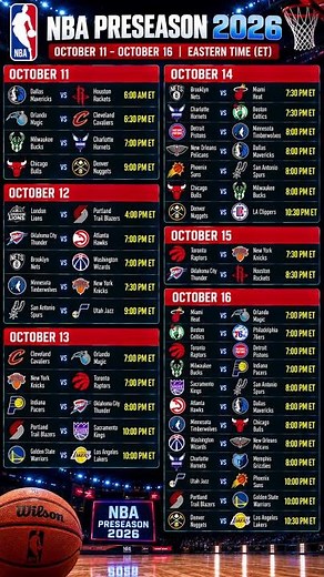 NBA Preseason 2026 Full Schedule 🏀 | All Games, Dates & Times