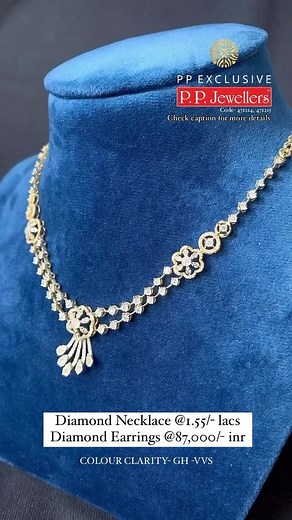 Wear this diamond necklace set and let its sparkle illuminate your path with every step you take…✨💎 Code- 471214, 471215) Diamond necklace (14k) Diamond wt :- 2.39 cts Diamond colour/Clarity :- GH-VVS Best & One Price after Discount :- 1.55/- lacs Diamond Earrings (14k) Diamond wt :- 1.72 cts Diamond colour/Clarity :- GH-VVS Best & One Price after Discount :- 87,000/- INR 100% hallmark, certified and Diamond Jewellery Shipping is available worldwide 🌍 DM or Call 74500-75400 to shop today ! Cha