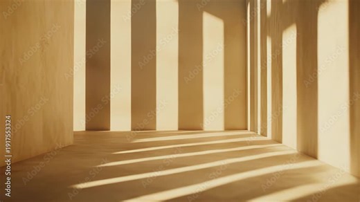 Empty room featuring clean architectural lines and a monochromatic beige color palette, with strong sunbeams creating geometric shadows on the floor and walls, adding depth to the minimalist design