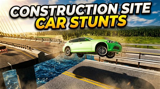 Extreme ramp jumps at a construction site with mixed size vehicles