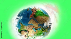 2D animation of zooming and Rotating Earth Planet, Green Screen Background. A realistic earth globe spinning surround with clouds. Easily removed green screen. Earth day. Environmental day. 4k Quality