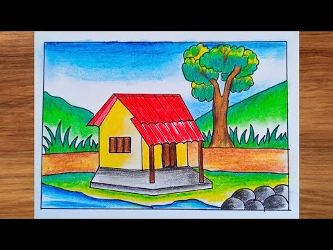 Easy Scenery Drawing of a House, Tree, and Mountains | Step by Step Tutorial #art