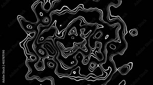 Abstract animated outline topographic contour map. Moving waves on black background. 4K looped animation..