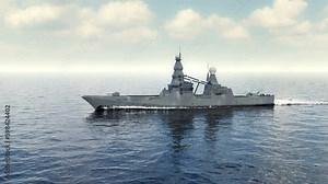 Large battleship sailing at sea, with missiles and helicopter on board. 3D animation render