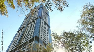 Sandton, SOUTH AFRICA - May 2023: Look up at tall skyscraper, oblique view. Foreground branches sway in wind