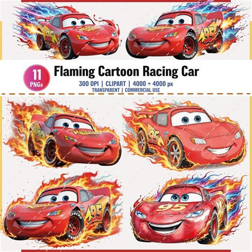 Flaming Cartoon Racing Car PNG Clipart Bundle Set - Etsy