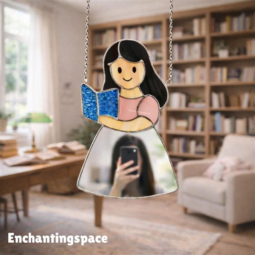 Girl Reading Book Stained Glass Hanging Mirror, Handcrafted Wall Art for Reading Corner Decor, Gift for Children - Etsy