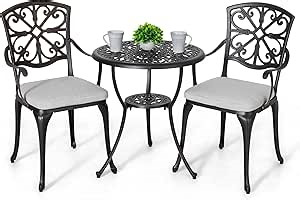 NUU GARDEN Bistro Set 3 Piece Outdoor All Weather Cast Aluminum Patio Bistro Set Patio Table and Chairs Set of 2 with Umbrella Hole and Grey Cushions for Backyard, Balcony, Lawn, Black